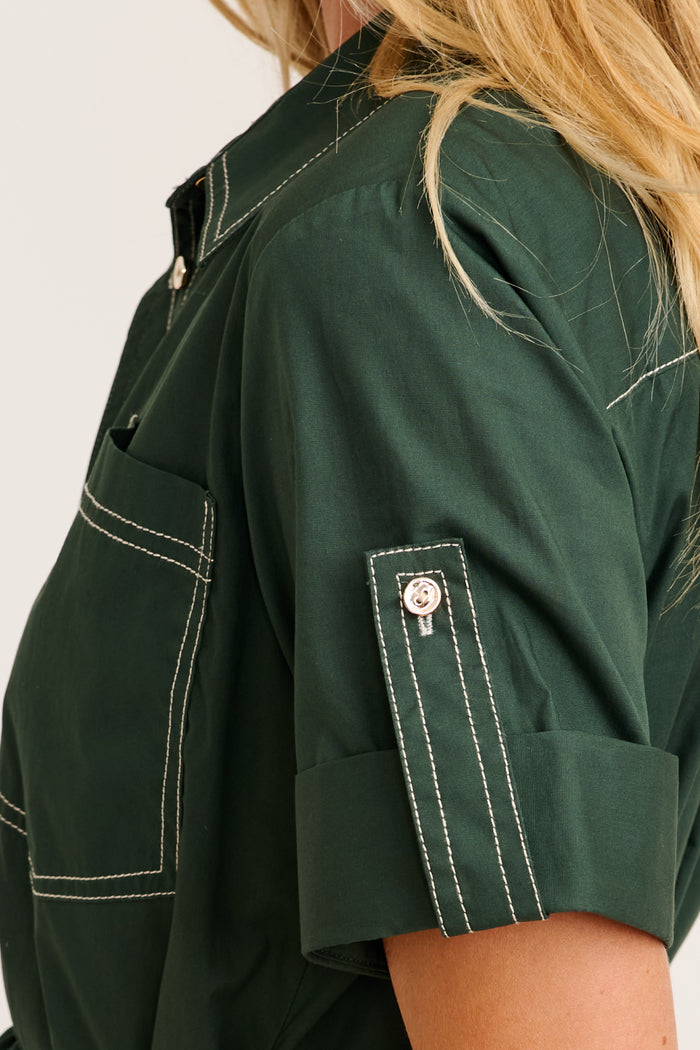 Refined Edge Midi Shirt Dress in Emerald Cotton detail