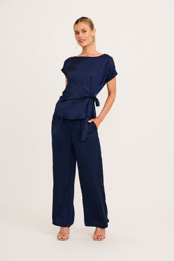 Stina Pant in Navy Satin full length set