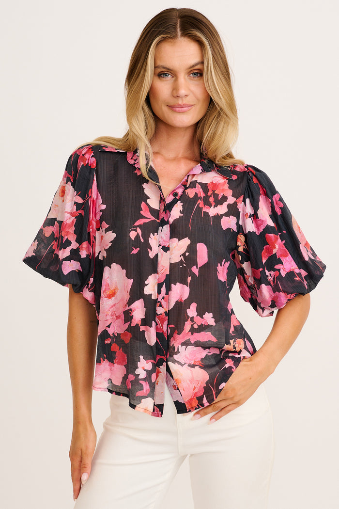 Aeryn Shirt in Black with Pink Floral front