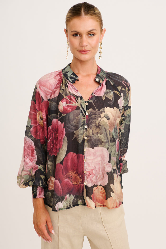 Delia Top in Black with Multi Floral Print front