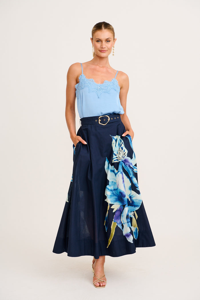 From The Heart Maxi Skirt in Navy with Blue Floral Cotton full length