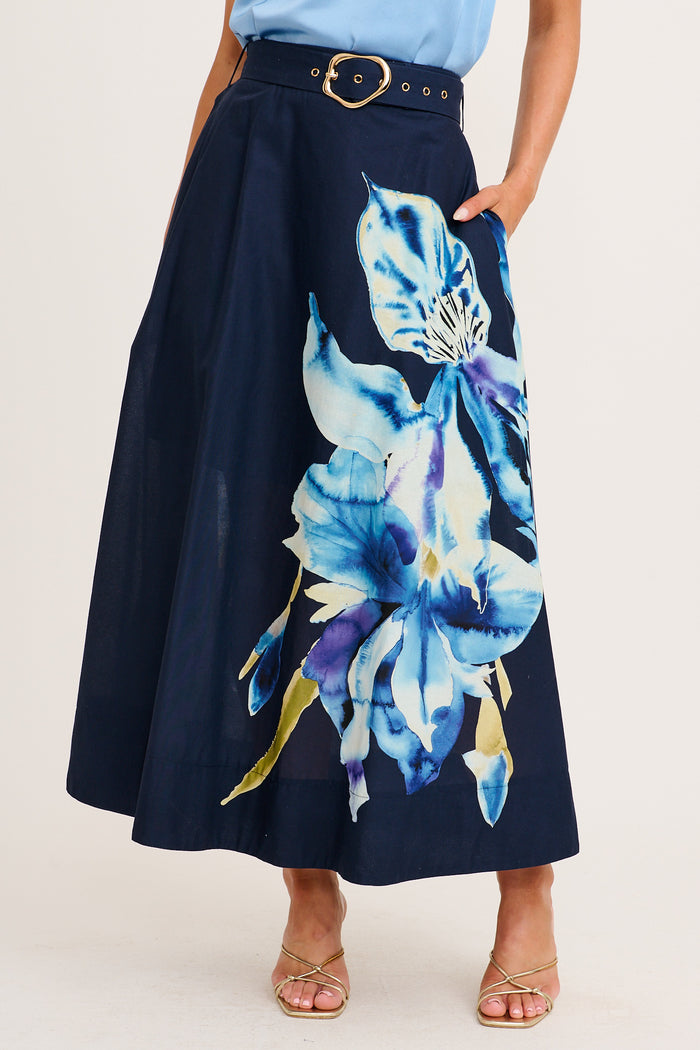 From The Heart Maxi Skirt in Navy with Blue Floral Cotton front