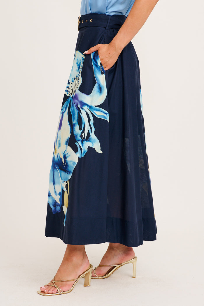 From The Heart Maxi Skirt in Navy with Blue Floral Cotton side