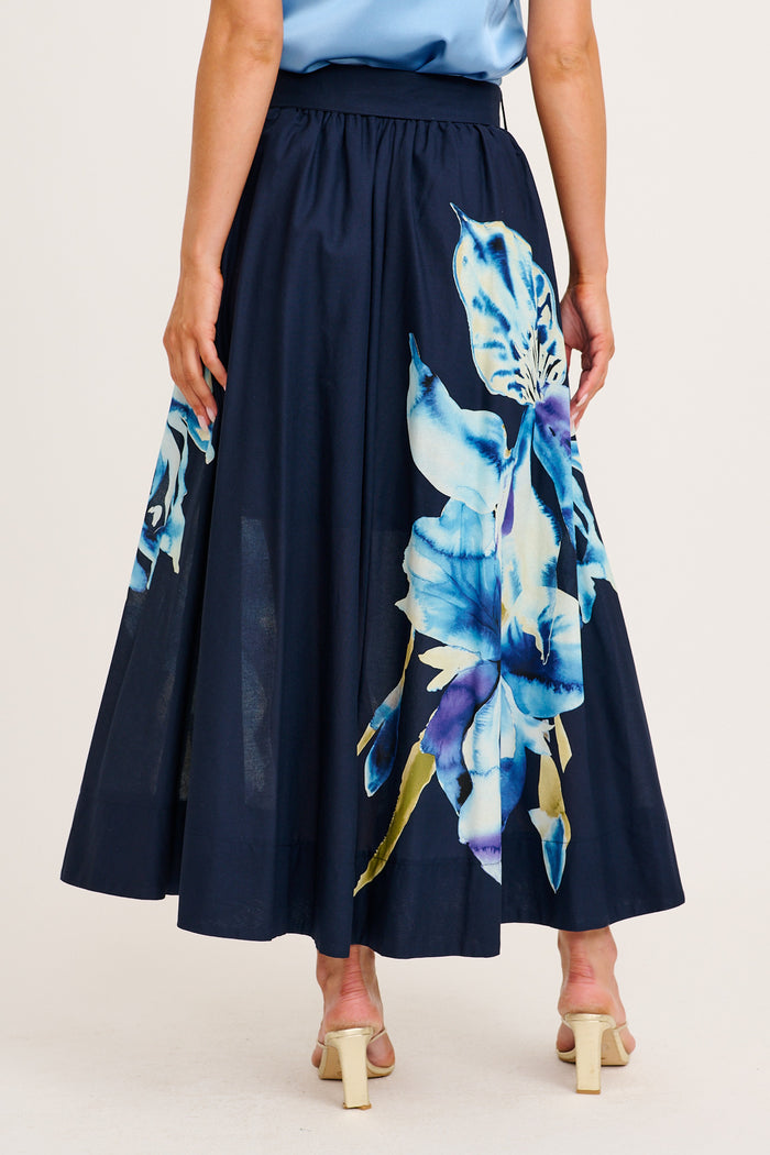 From The Heart Maxi Skirt in Navy with Blue Floral Cotton back