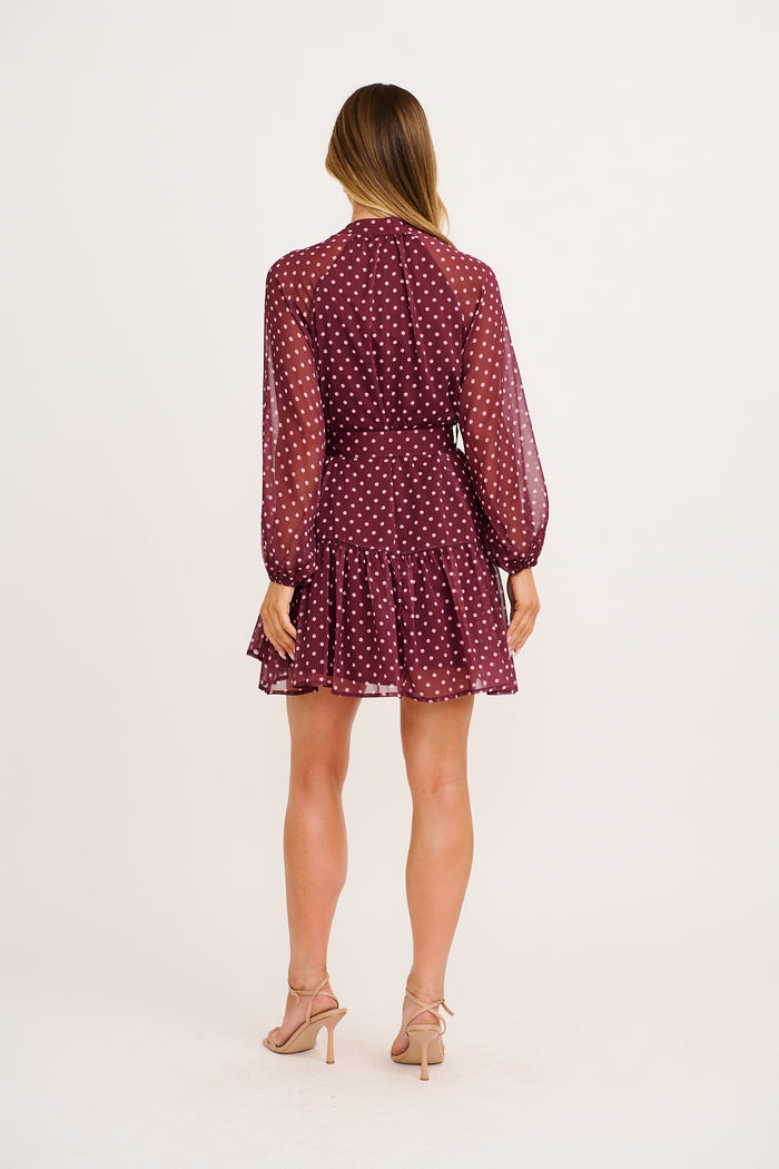 Mica Dress in Burgundy Polka Dot Chiffon back