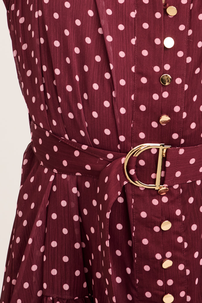 Mica Dress in Burgundy Polka Dot Chiffon detail