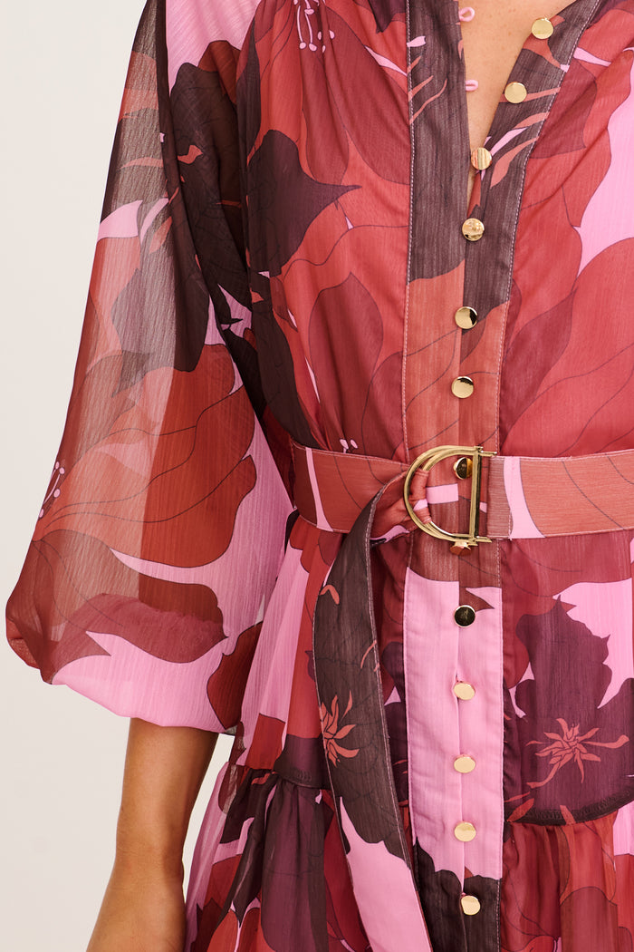 Mica Dress in Pink and Red Floral Chiffon detail