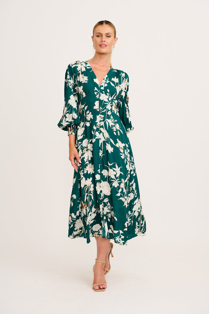 Golden Bloom Maxi Dress in Emerald Print full length