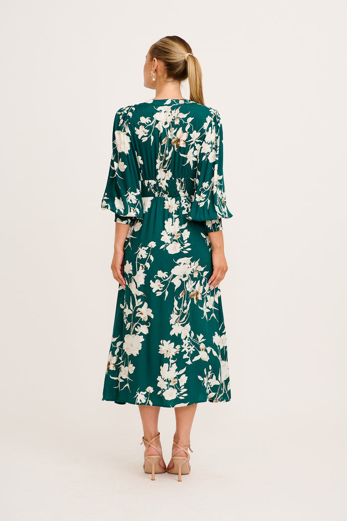 Golden Bloom Maxi Dress in Emerald Print back