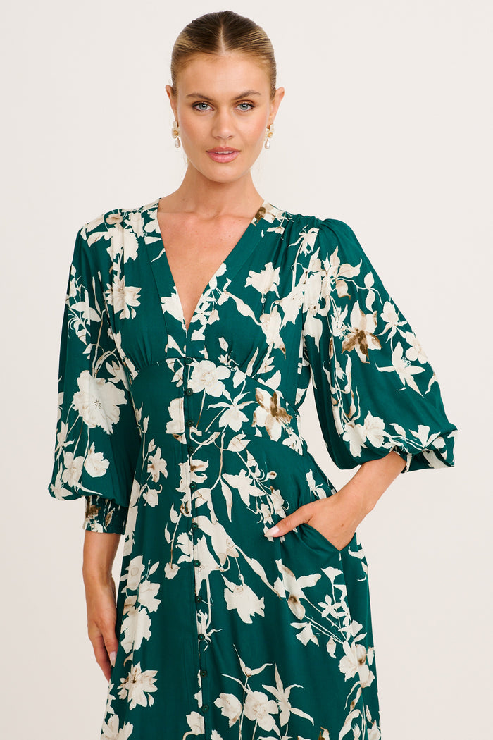 Golden Bloom Maxi Dress in Emerald Print front