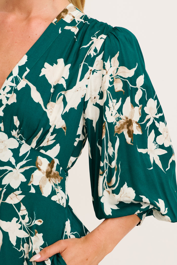 Golden Bloom Maxi Dress in Emerald Print detail