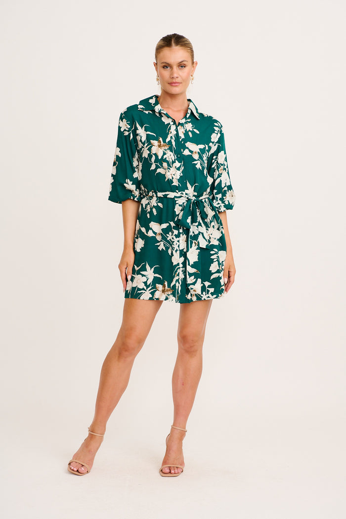 Floral Dreams Shirt Dress in Emerald Print full length