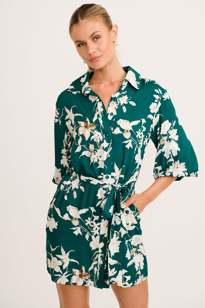 Floral Dreams Shirt Dress in Emerald Print front