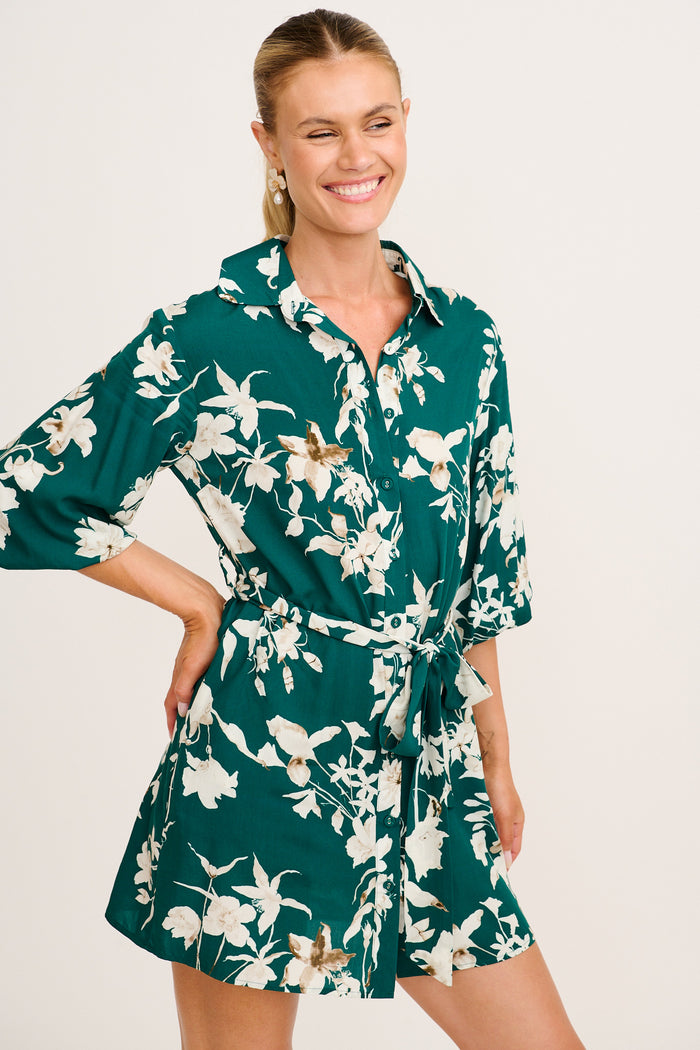 Floral Dreams Shirt Dress in Emerald Print front