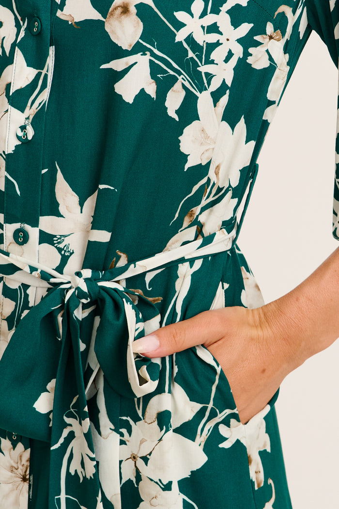 Floral Dreams Shirt Dress in Emerald Print detail