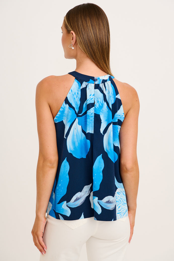 Morana Halter Neck Top in Navy with Blue Floral back