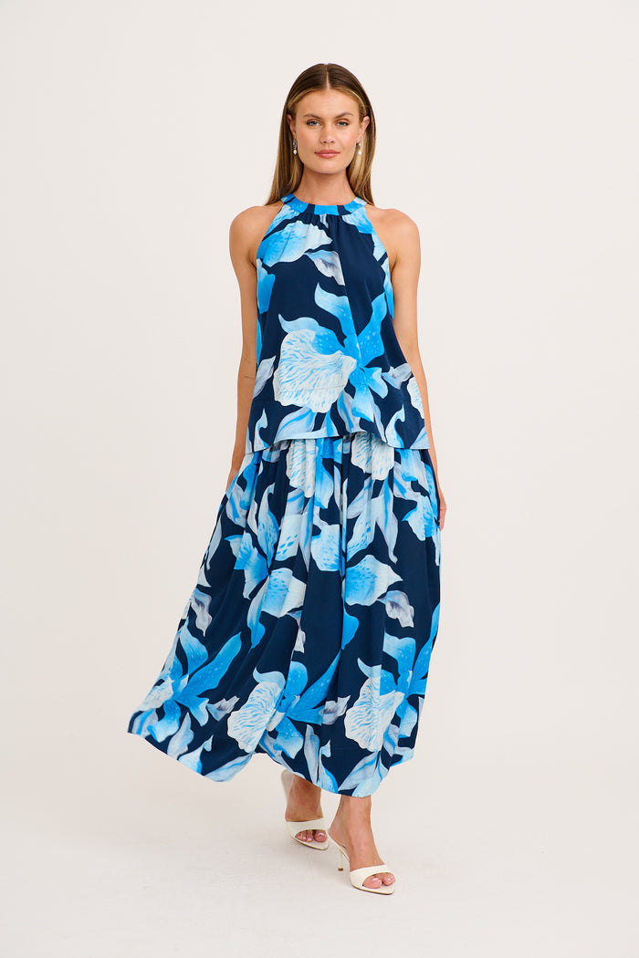 Morana Halter Neck Top in Navy with Blue Floral full length set