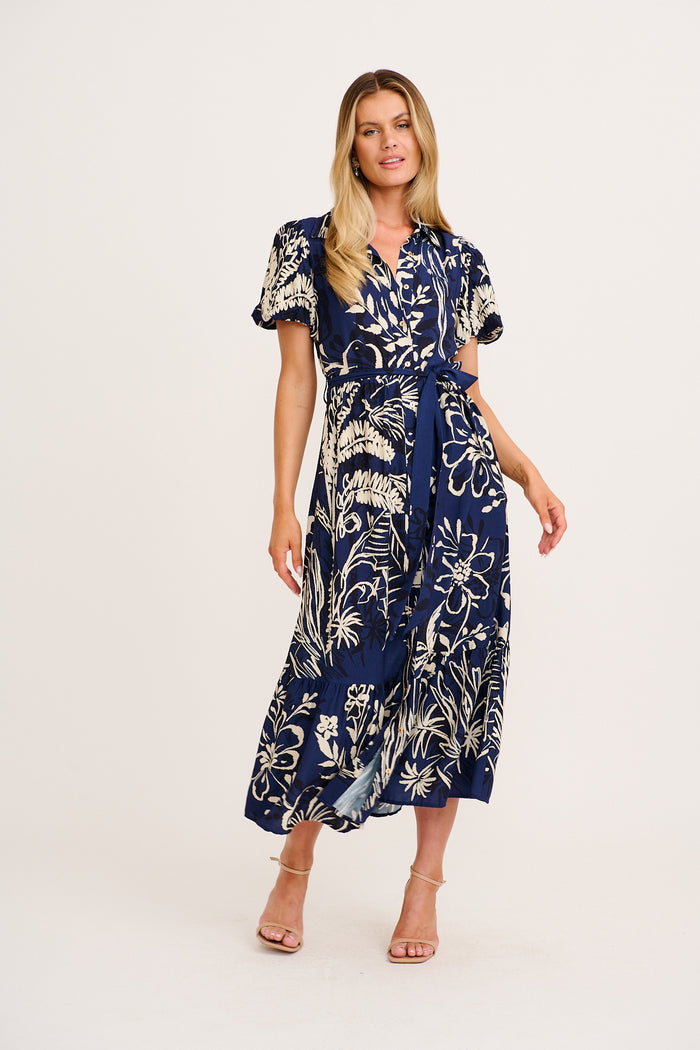 Stylish World Maxi Shirt Dress in Navy with Cream print full length