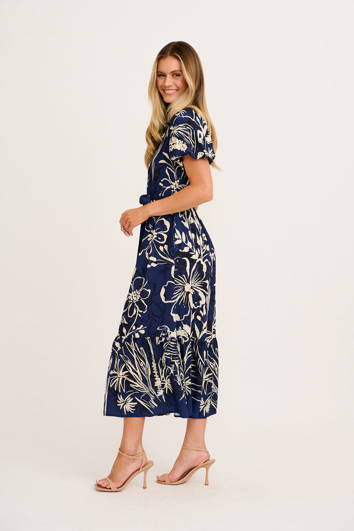 Stylish World Maxi Shirt Dress in Navy with Cream print side