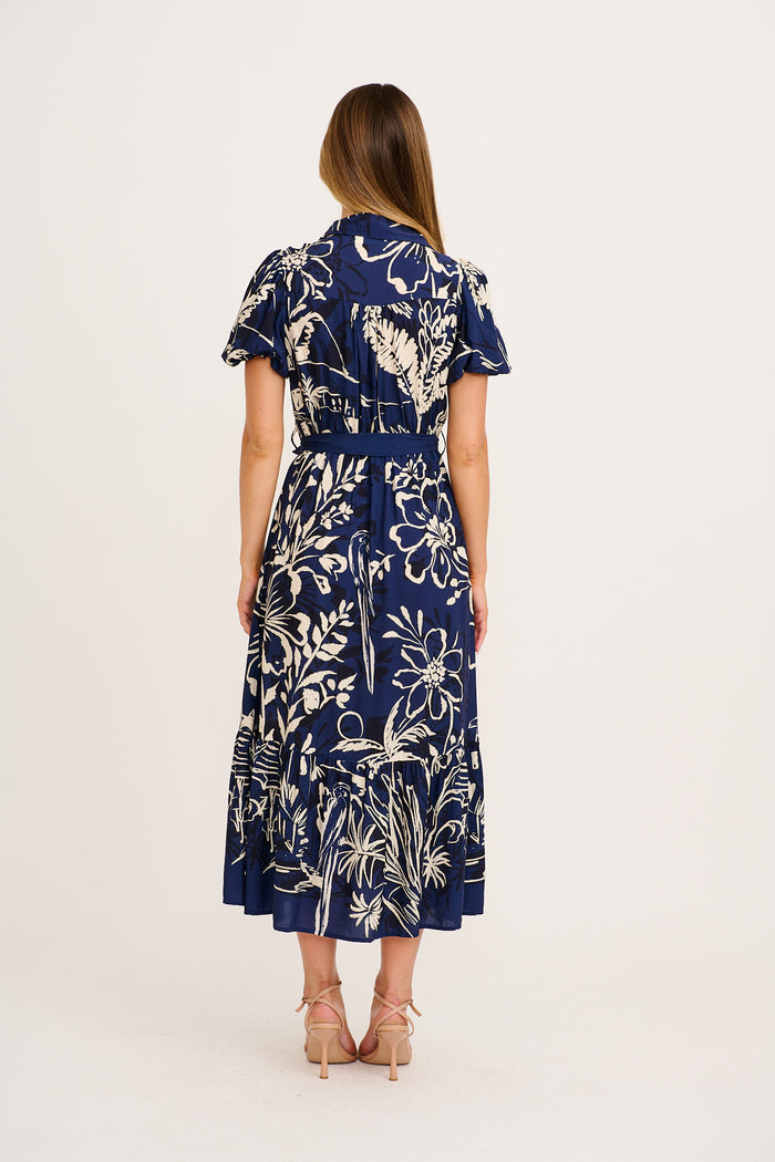 Stylish World Maxi Shirt Dress in Navy with Cream print back