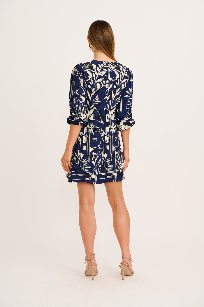 Ravello Dress in Navy with Cream Print back
