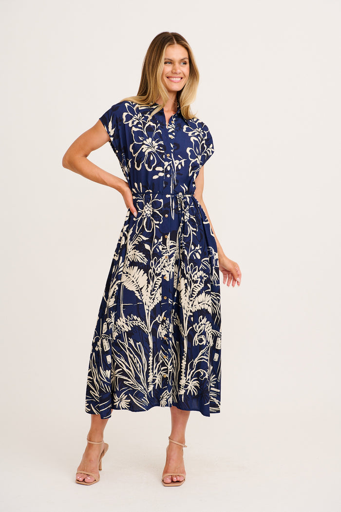 Tropical Escape Maxi Shirt Dress in Navy with Cream Print full length