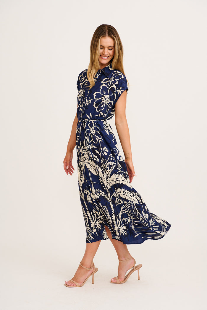 Tropical Escape Maxi Shirt Dress in Navy with Cream Print side