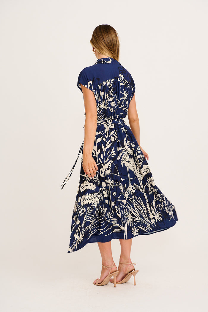 Tropical Escape Maxi Shirt Dress in Navy with Cream Print back