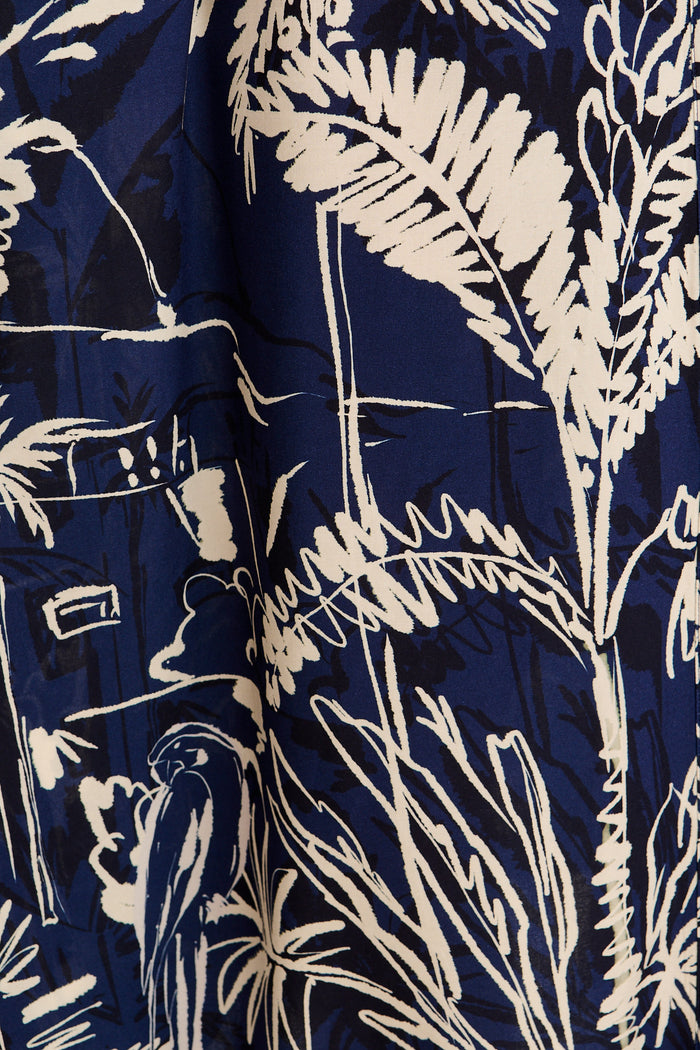 Tropical Escape Maxi Shirt Dress in Navy with Cream Print fabric