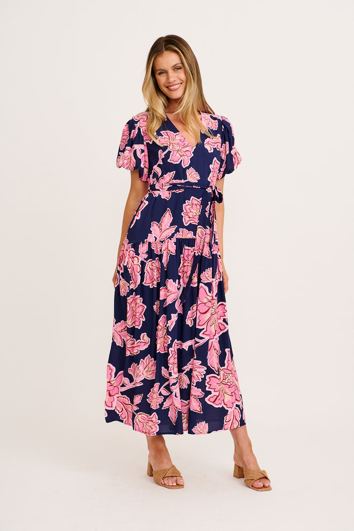 Dewy Whisper Maxi Dress in Navy with Pink Floral full length