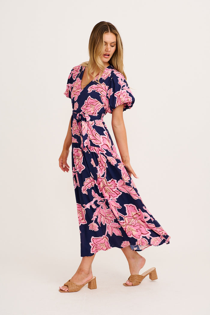 Dewy Whisper Maxi Dress in Navy with Pink Floral side