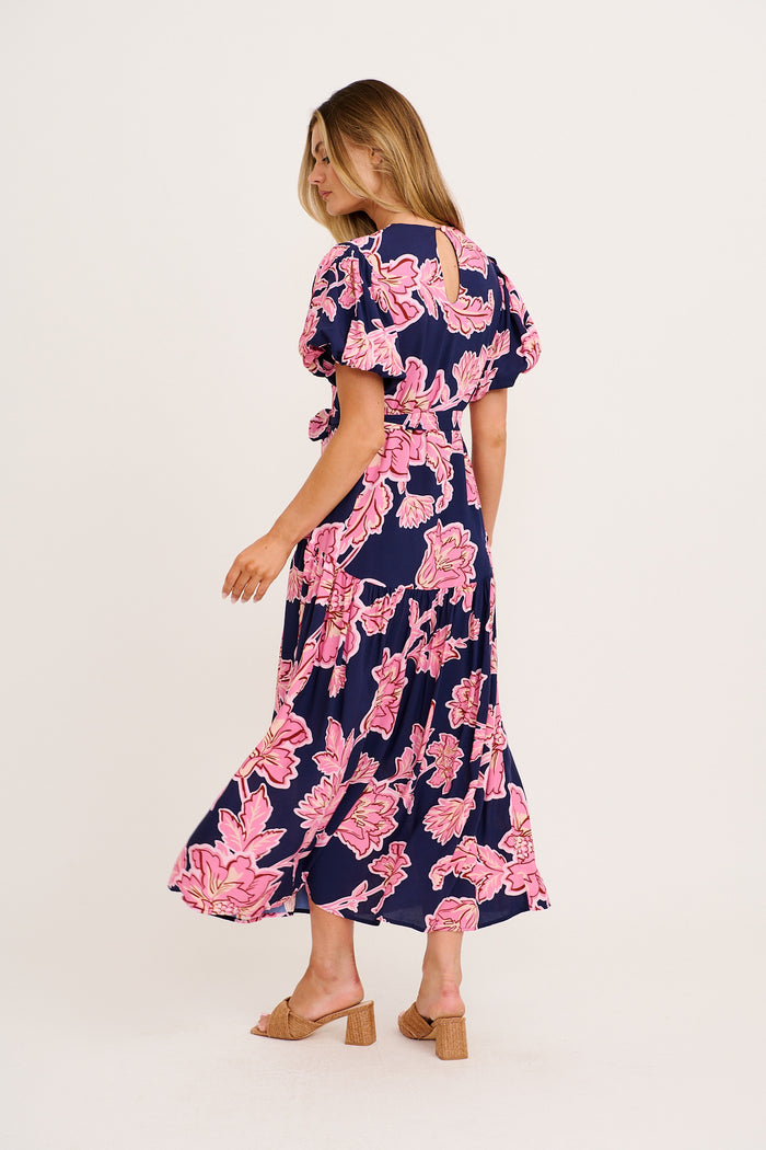 Dewy Whisper Maxi Dress in Navy with Pink Floral back