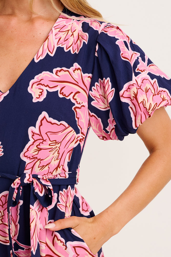 Dewy Whisper Maxi Dress in Navy with Pink Floral detail