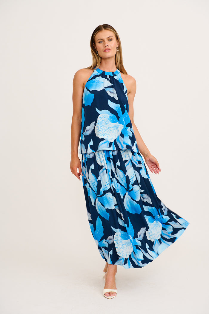 Dreambound Maxi Skirt in Navy with Blue Floral full length set