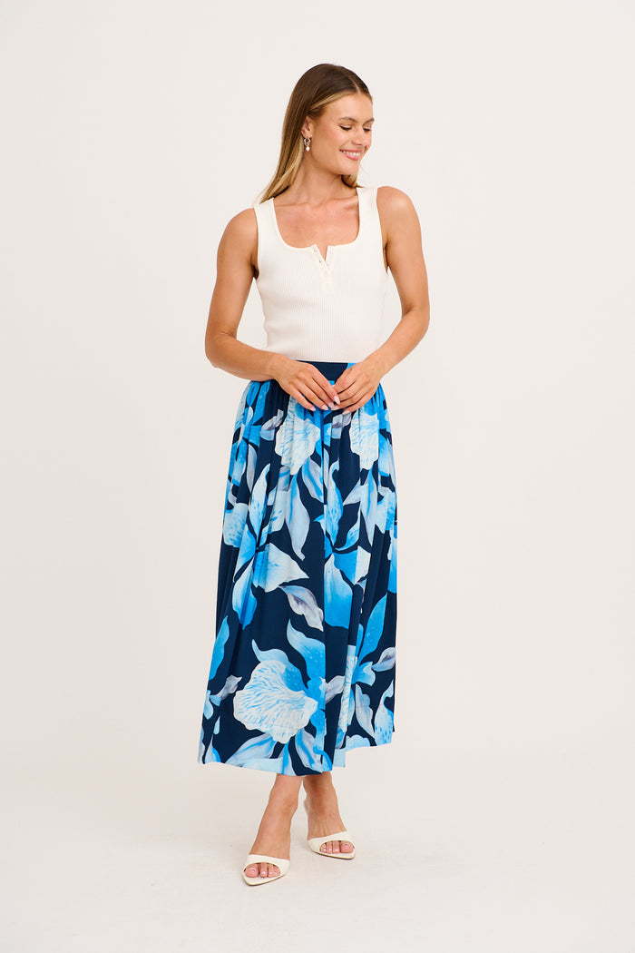 Dreambound Maxi Skirt in Navy with Blue Floral full length