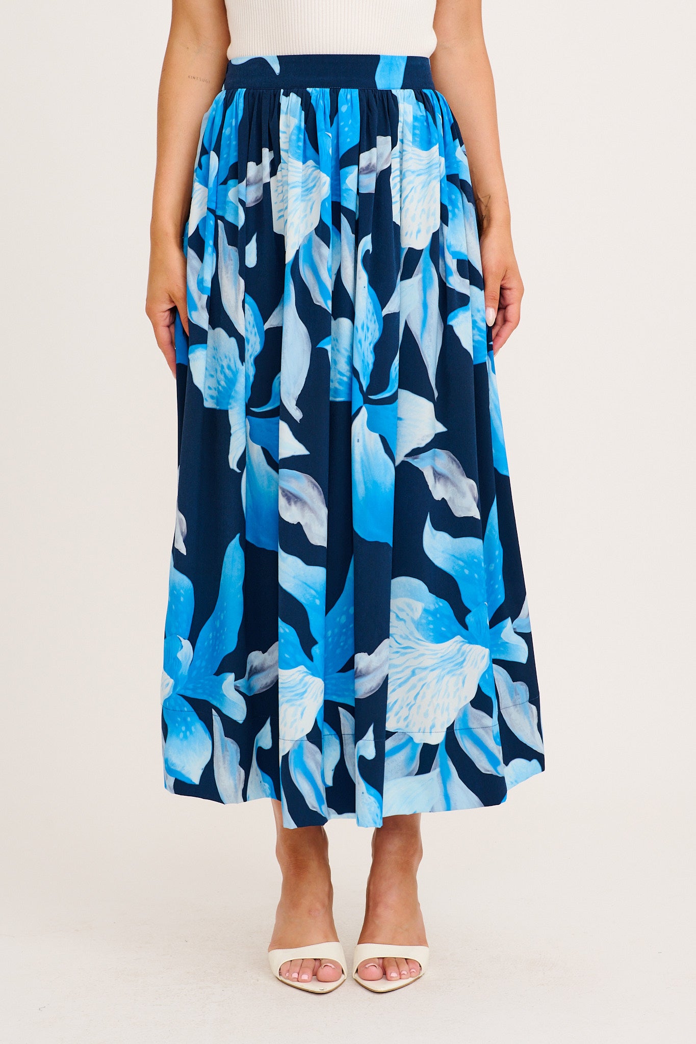 Dreambound Maxi Skirt in Navy with Blue Floral front