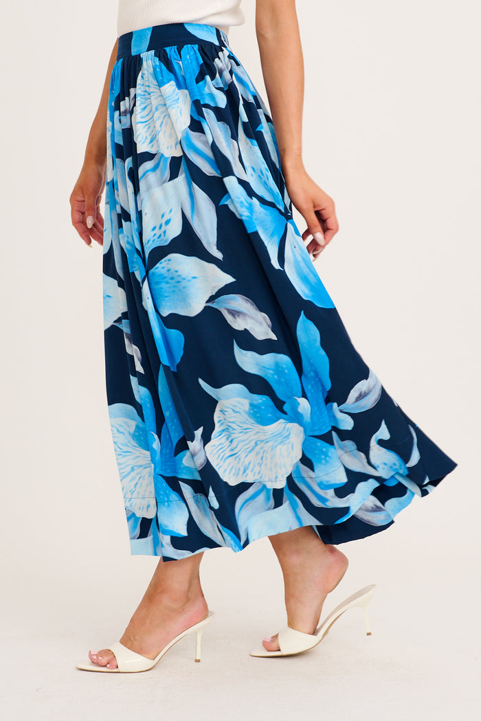 Dreambound Maxi Skirt in Navy with Blue Floral side