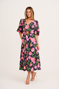 Rhaya Maxi Dress in Navy With Pink Floral Cotton full length