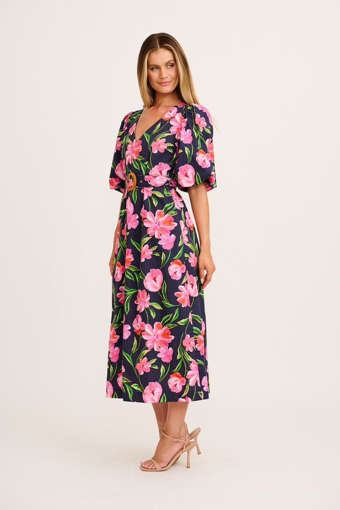 Rhaya Maxi Dress in Navy With Pink Floral Cotton side