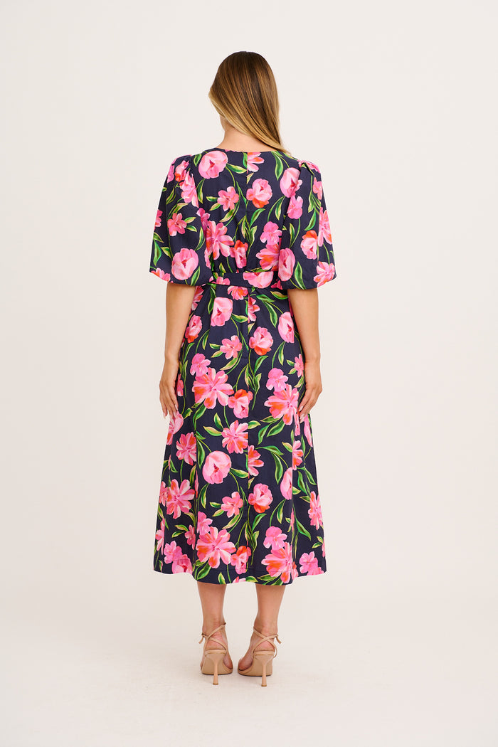 Rhaya Maxi Dress in Navy With Pink Floral Cotton back