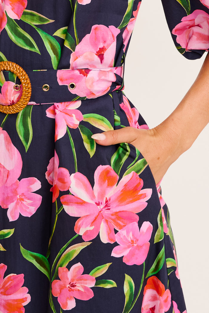 Rhaya Maxi Dress in Navy With Pink Floral Cotton detail