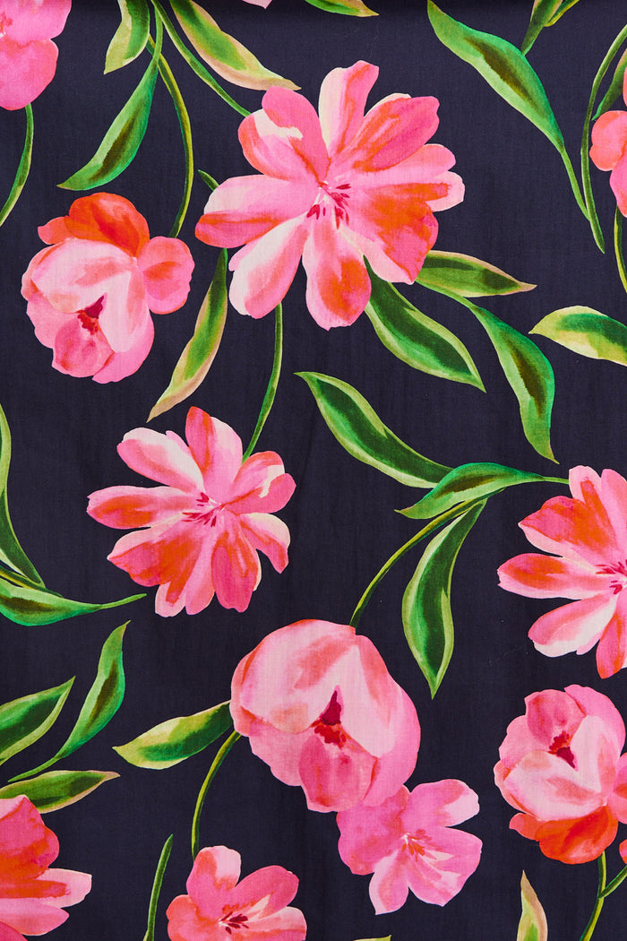 Rhaya Maxi Dress in Navy With Pink Floral Cotton fabric