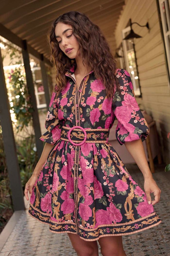 Moonlit Desire Shirt Dress in Black with Pink Floral Linen Blend campaign front