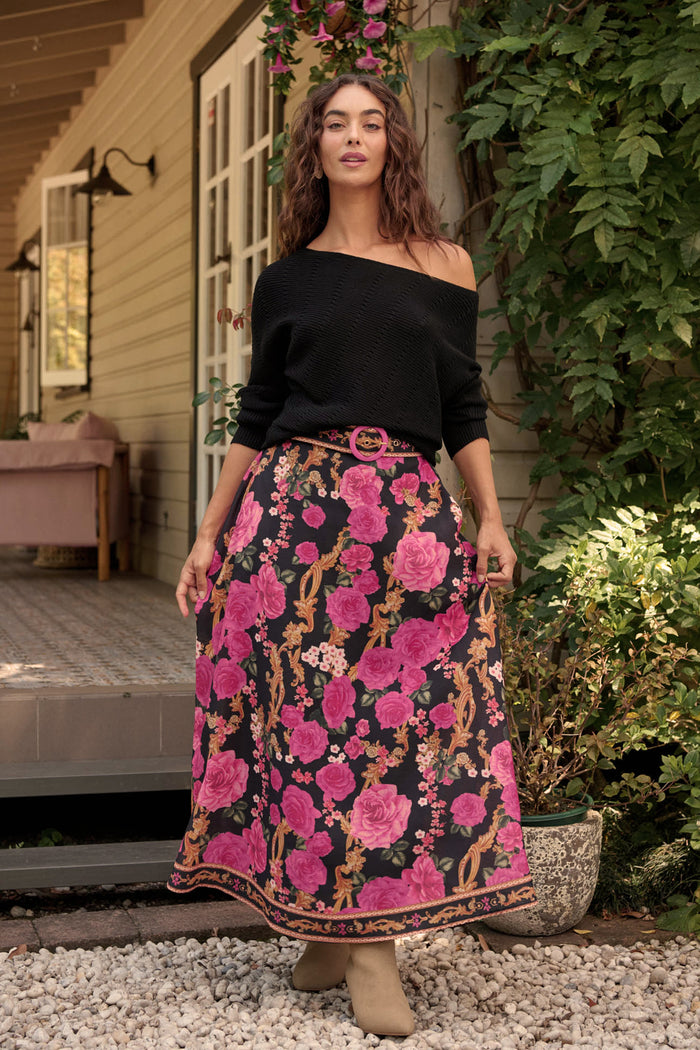 Wild Blossom Maxi Skirt in Black with Pink Floral Linen Blend campaign full