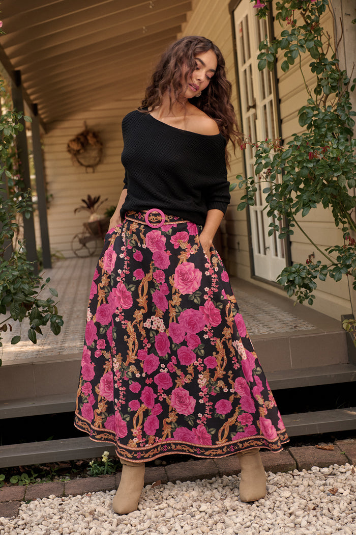 Wild Blossom Maxi Skirt in Black with Pink Floral Linen Blend campaign full