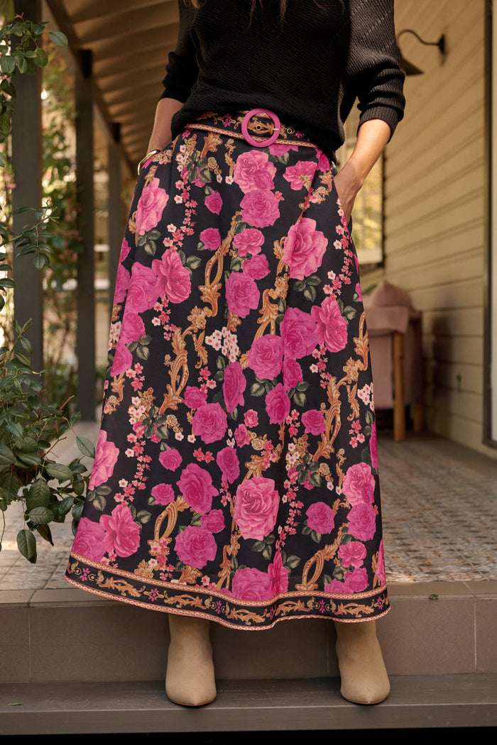 Wild Blossom Maxi Skirt in Black with Pink Floral Linen Blend campaign front