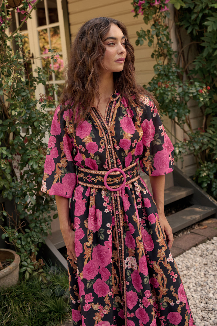 Midnight Blooms Maxi Dress in Black with Pink Floral Linen Blend campaign front