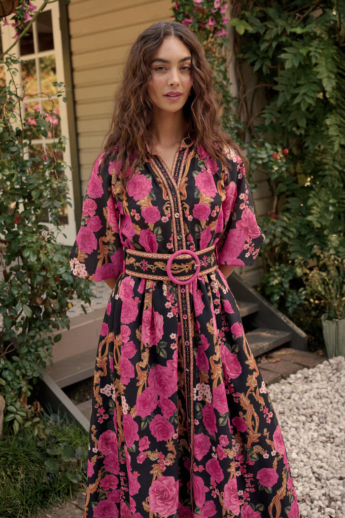 Midnight Blooms Maxi Dress in Black with Pink Floral Linen Blend campaign front
