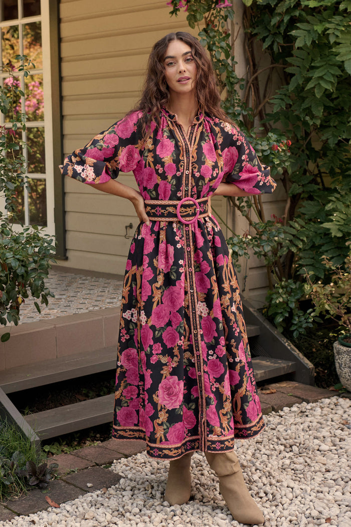 Midnight Blooms Maxi Dress in Black with Pink Floral Linen Blend | St Frock Midnight Blooms Maxi Dress in Black with Pink Floral Linen Blend | St Frock
