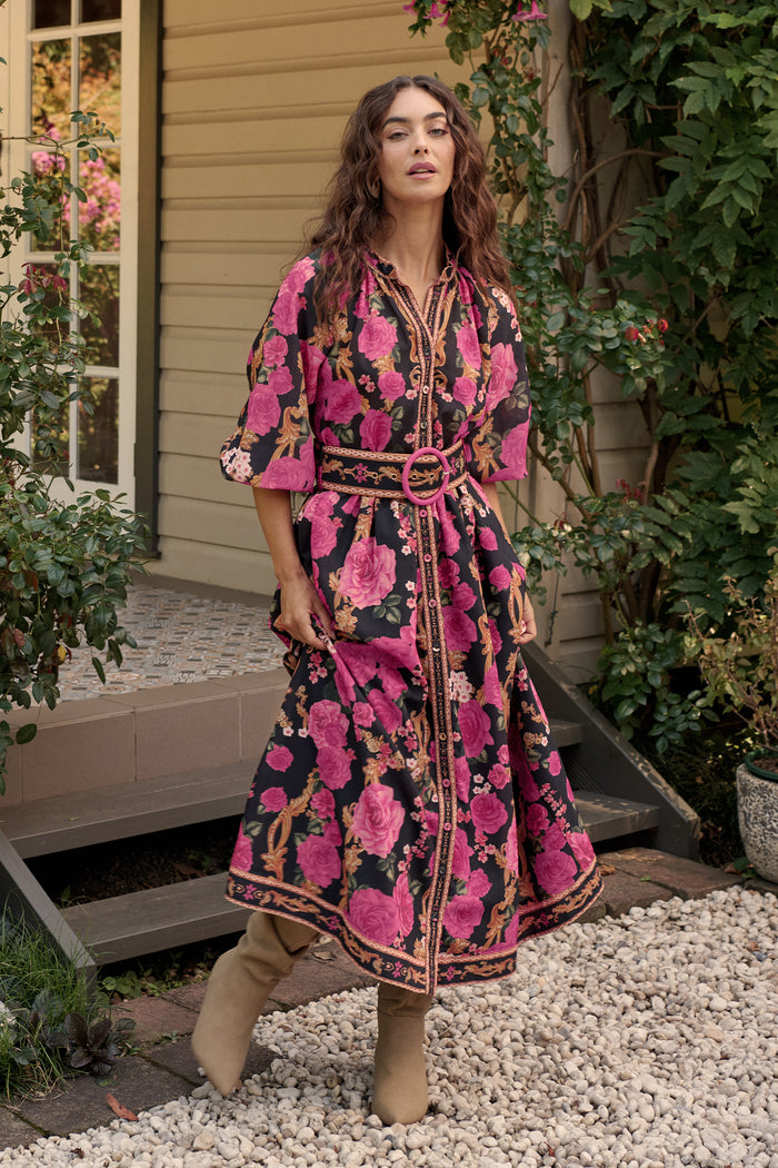 Midnight Blooms Maxi Dress in Black with Pink Floral Linen Blend campaign full length